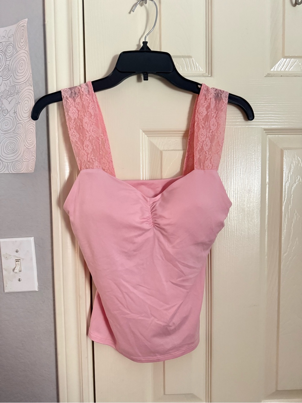 eye candy Pink Lace-Strap Ruched Tank